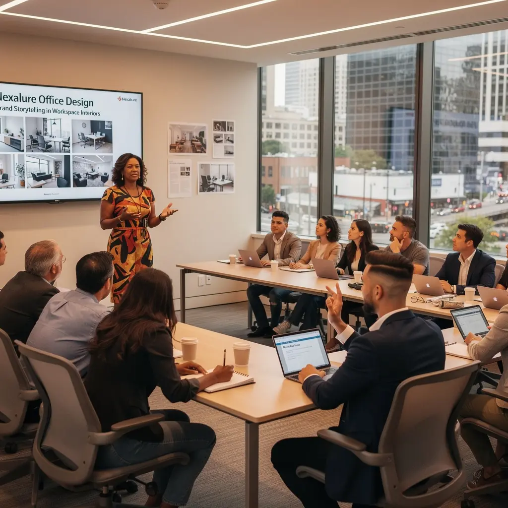 Moderne Büromöbel in harmonischen Farben, die das Unternehmensbranding widerspiegeln.